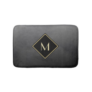 Elegant Brushed Black With Simple Gold Monogram Bath Mat