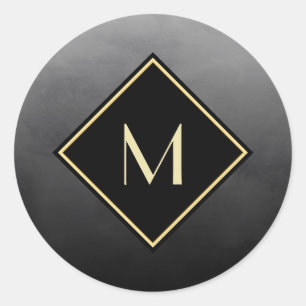 Elegant Brushed Black With Simple Gold Monogram Classic Round Sticker