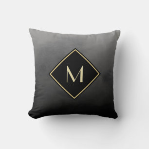 Elegant Brushed Black With Simple Gold Monogram Cushion