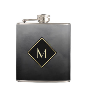 Elegant Brushed Black With Simple Gold Monogram Hip Flask