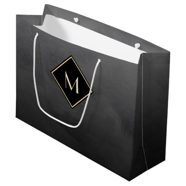 Elegant Brushed Black With Simple Gold Monogram Large Gift Bag (Front Angled)