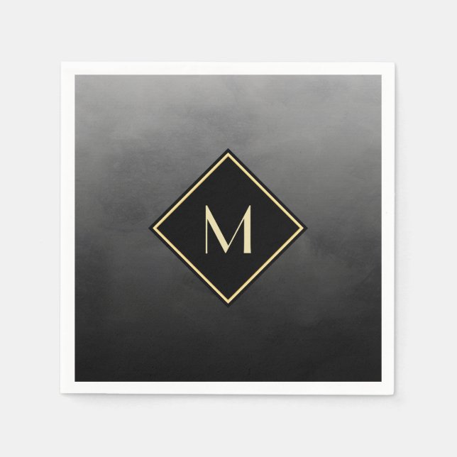 Elegant Brushed Black With Simple Gold Monogram Napkin (Front)