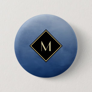 Elegant Brushed Blue With Simple Gold Monogram 6 Cm Round Badge