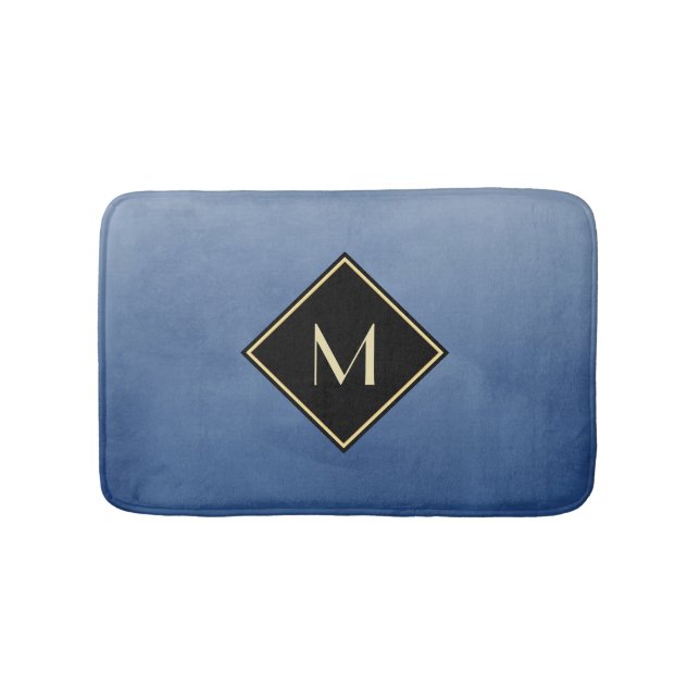 Elegant Brushed Blue With Simple Gold Monogram Bath Mat (Front)