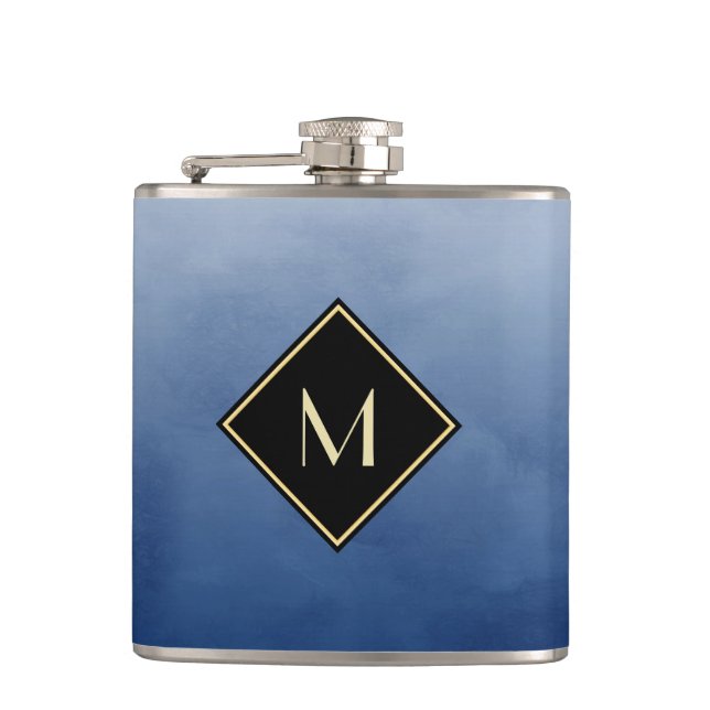 Elegant Brushed Blue With Simple Gold Monogram Hip Flask (Front)