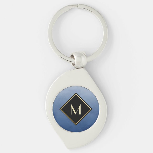 Elegant Brushed Blue With Simple Gold Monogram Key Ring (Front)