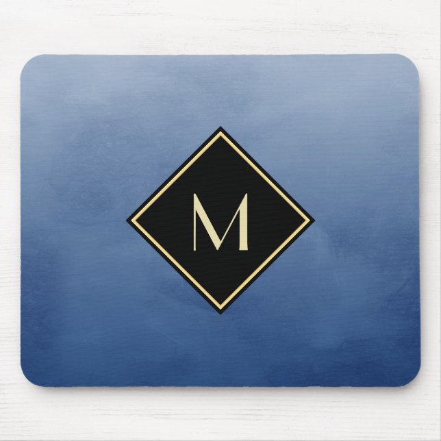 Elegant Brushed Blue With Simple Gold Monogram Mouse Pad (Front)