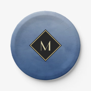 Elegant Brushed Blue With Simple Gold Monogram Paper Plate
