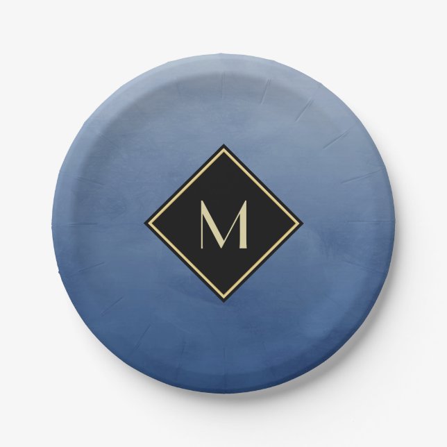 Elegant Brushed Blue With Simple Gold Monogram Paper Plate (Front)