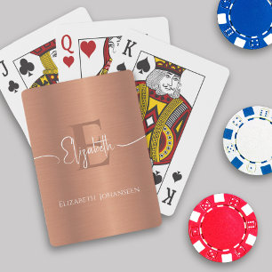 Elegant Brushed Copper Metal White Script Monogram Playing Cards