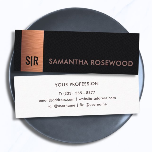 Elegant Brushed Copper Monogram Black Leather Mini Business Card (Creator Uploaded)