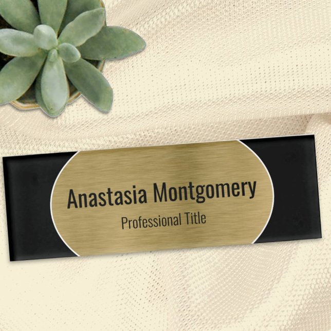 Elegant Brushed Faux Gold Oval Black Text Name Tag (Creator Uploaded)