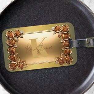 Elegant Brushed Gold and Bronze Rose Monogram Luggage Tag