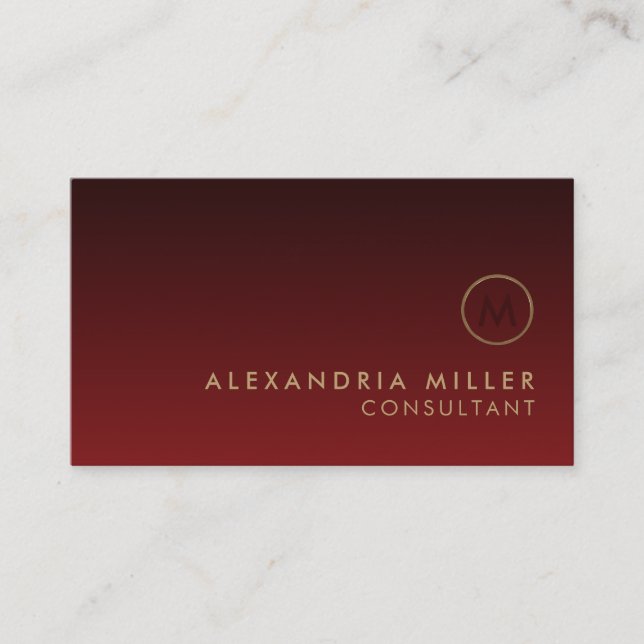 Elegant Brushed Gold Monogram Red Business Card (Front)
