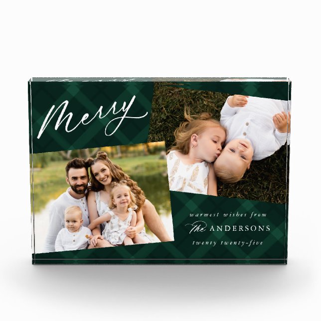Elegant Brushed Green Plaid Holiday Photo Block (Front)