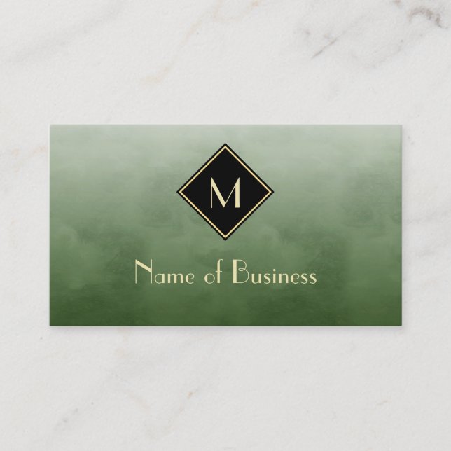 Elegant Brushed Green With Simple Gold Monogram Business Card (Front)