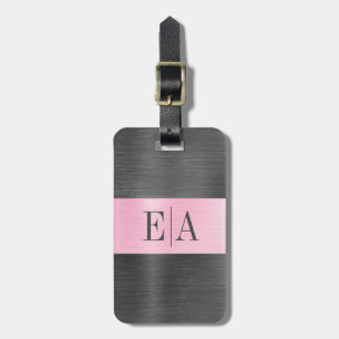 Elegant Brushed Metal Script Pink Monogram Luggage Tag
