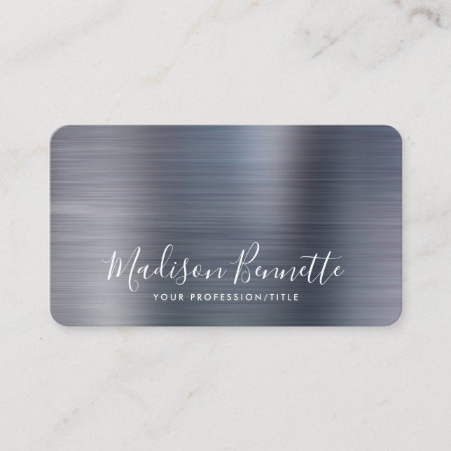 Elegant Brushed Metallic Grey Calligraphy Script Business Card (Front)