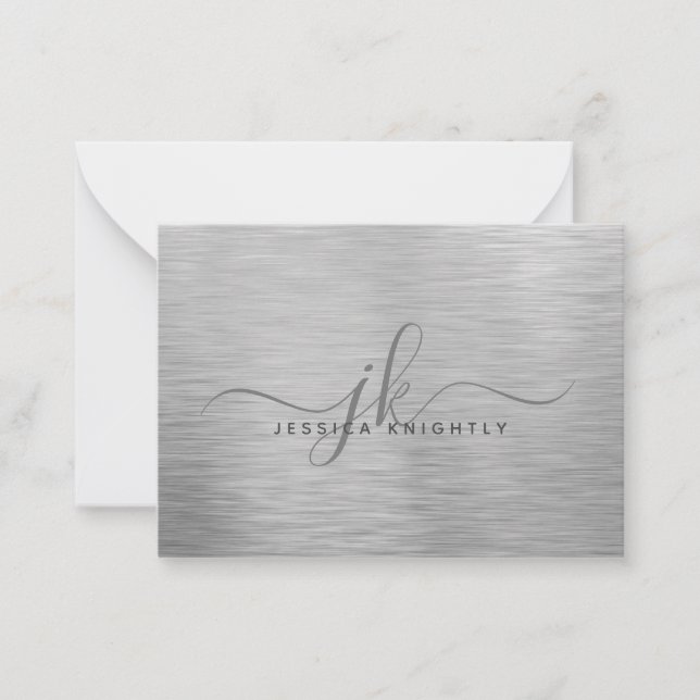 Elegant Brushed Metallic Silver Script Monogram Card (Front)