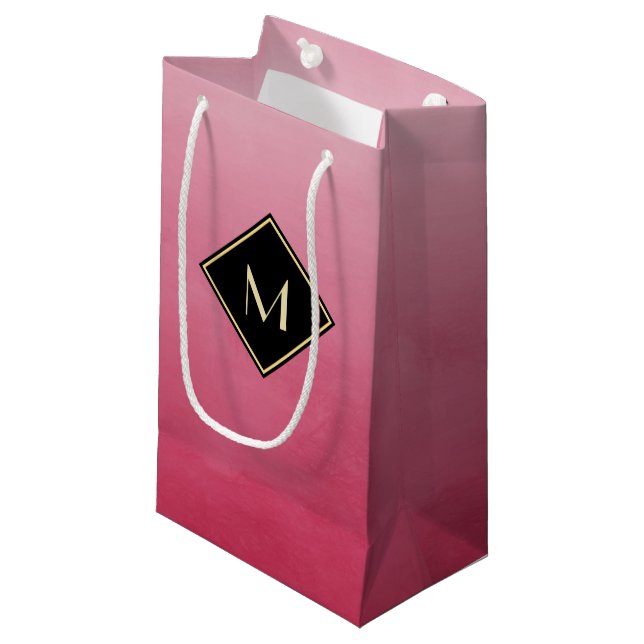 Elegant Brushed Pink With Simple Gold Monogram Small Gift Bag (Front Angled)