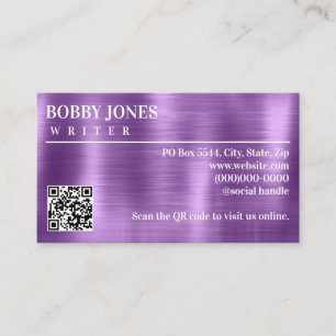 Elegant Brushed Purple Foil Metallic QR Code Business Card