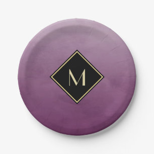 Elegant Brushed Purple With Simple Gold Monogram Paper Plate