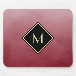 Elegant Brushed Red With Simple Gold Monogram Mouse Pad