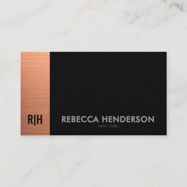 Elegant Brushed Rose Gold & Faux Black Leather Business Card (Front)