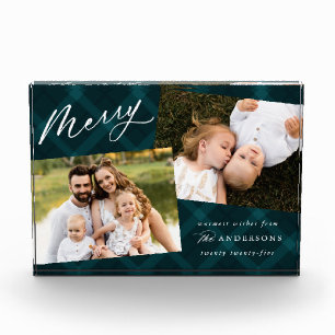 Elegant Brushed Teal Plaid Holiday Photo Block