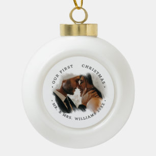 Elegant Brushstroke Overlay Photo Mr. & Mrs. Ceramic Ball Christmas Ornament