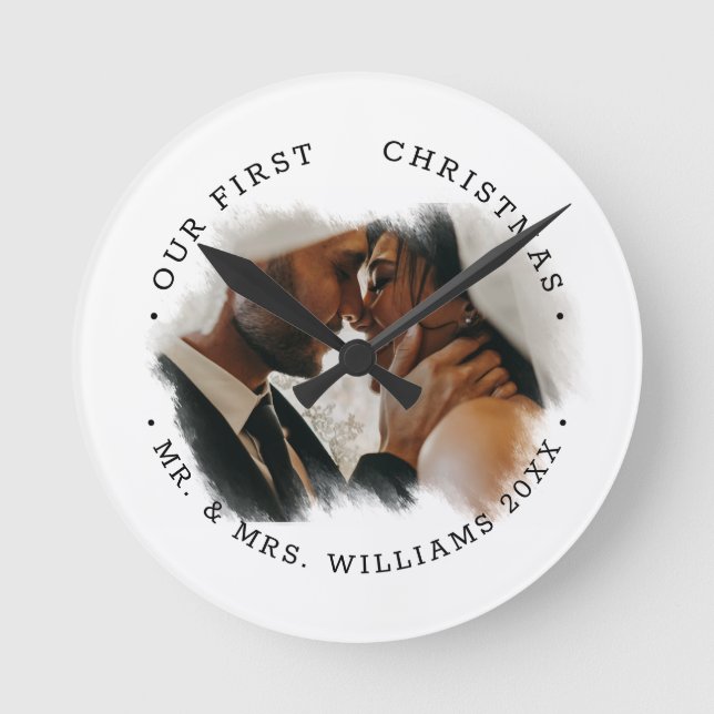 Elegant Brushstroke Overlay Photo | Mr. & Mrs.  Round Clock (Front)