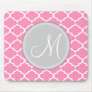Elegant Bubblegum Pink Quatrefoil with Monogram Mouse Pad