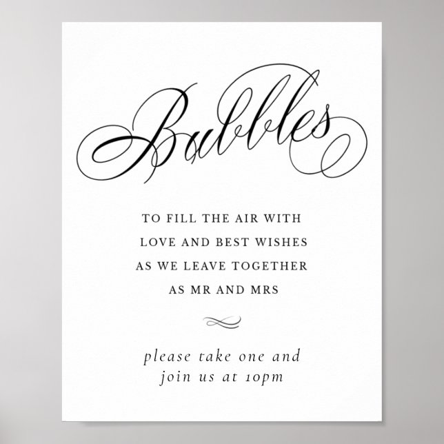 Elegant Bubbles Black Calligraphy | Favour Table Poster (Front)