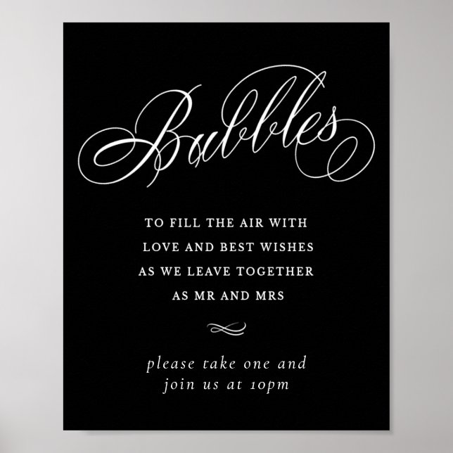 Elegant Bubbles White Calligraphy | Favour Table Poster (Front)