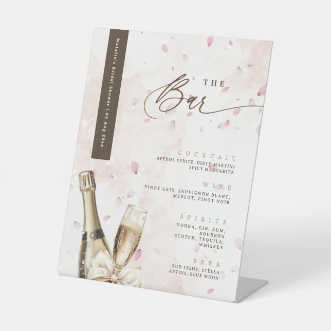 Elegant Bubbly Petals Bow Pink Bar Drinks Menu Pedestal Sign (Front)