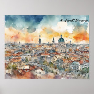 Elegant Bucharest Romania Watercolor City View Poster