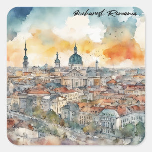 Elegant Bucharest Romania Watercolor City View Square Sticker