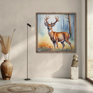 Elegant Buck In Golden Light Forest Landscape Poster
