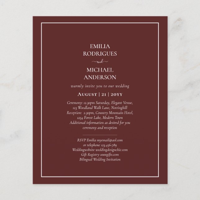 Elegant Budget Bilingual Burgundy Wedding Spanish  Flyer (Front)