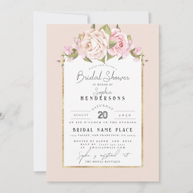 Elegant Budget Floral Dusty Rose Foil BridalShower Invitation (Front)