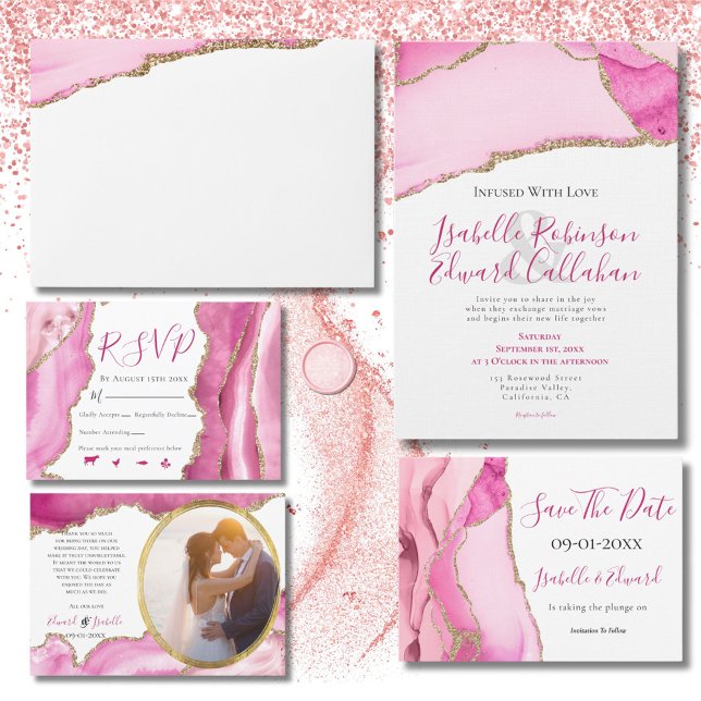 Elegant Budget Pink & Gold Agate Stone Wedding  Invitation (Creator Uploaded)