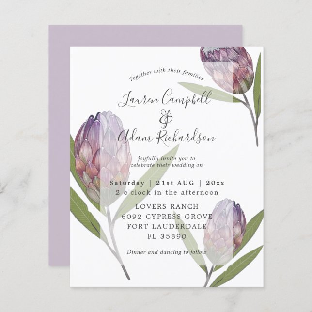 Elegant Budget Protea Purple Wedding Invitation (Front/Back)