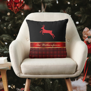 Elegant Buffalo Plaid and Red Ribbon with Reindeer Cushion