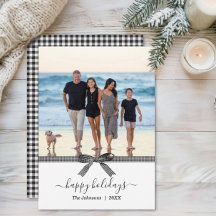 Elegant Buffalo Plaid Bow Black White Holiday Card