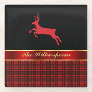 Elegant Buffalo Plaid with Reindeer and Red Ribbon Glass Coaster