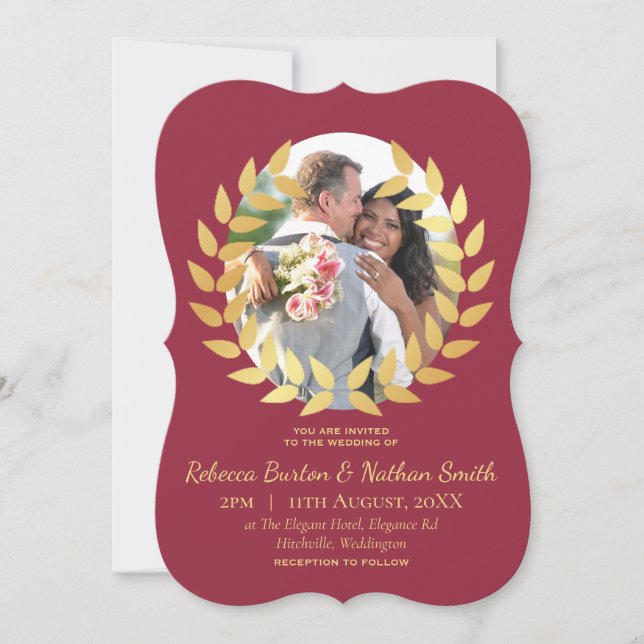 Elegant Bugundy Gold Wreath Custom Photo Wedding (Front)