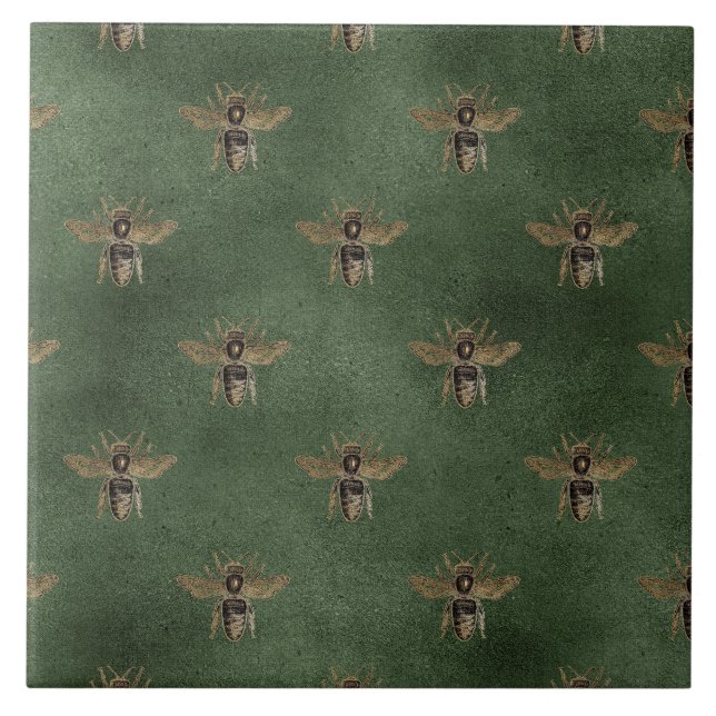 Elegant Bumble Gold Bee Green Background Tile (Front)