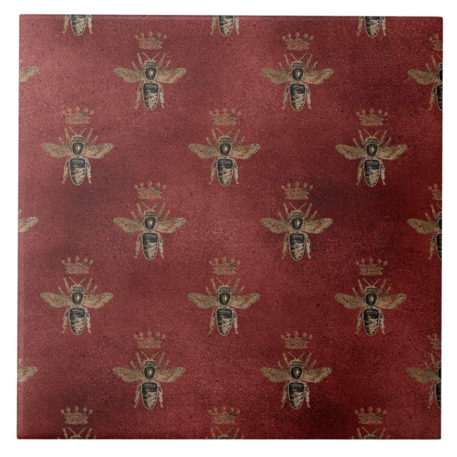 Elegant Bumble Gold Bee Red Background Tile (Front)