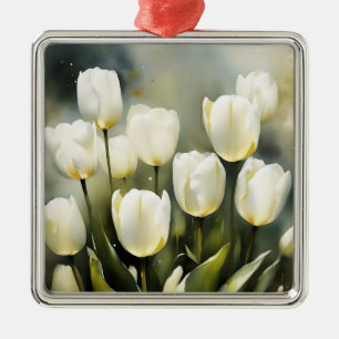 Elegant bunch of White Tulips in a Serene Garden Metal Tree Decoration