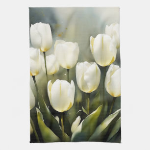 Elegant bunch of White Tulips  in a Serene Garden  Tea Towel